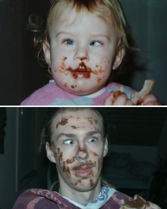 I Recreated An Old Photo Of Me Enjoying A Slice Of Bread With Chocolate. 25 Years Apart
