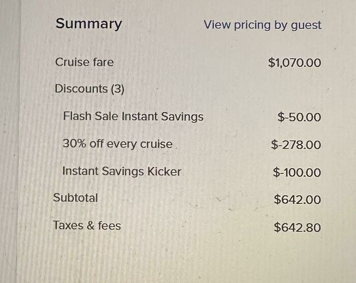 Cruise fare summary showcasing deceptive-marketing-techniques with misleading discounts and fees.