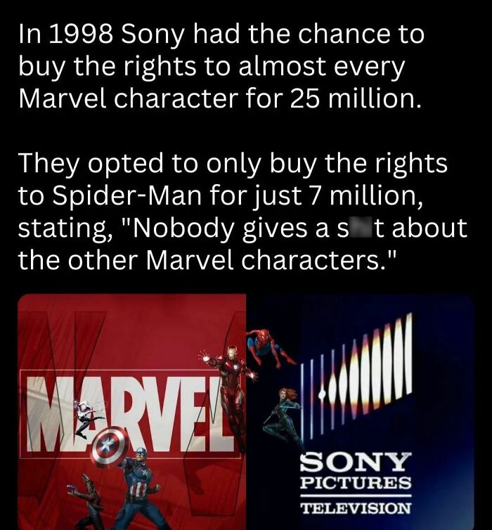 Interesting fact: In 1998, Sony chose to buy Spider-Man rights over nearly all Marvel characters for 25 million.