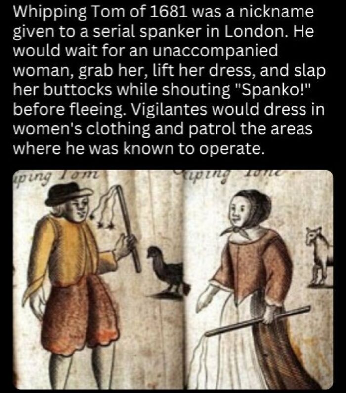 Historic illustration of Whipping Tom of 1681 with a woman; interesting fact from London history.