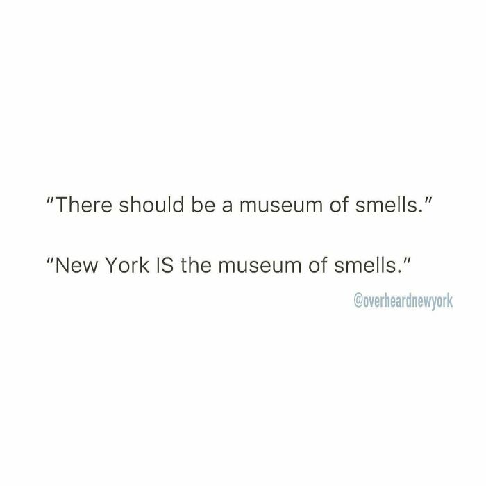 Text image showing a wild NYC conversation about New York being the museum of smells, highlighting unique city discussions.