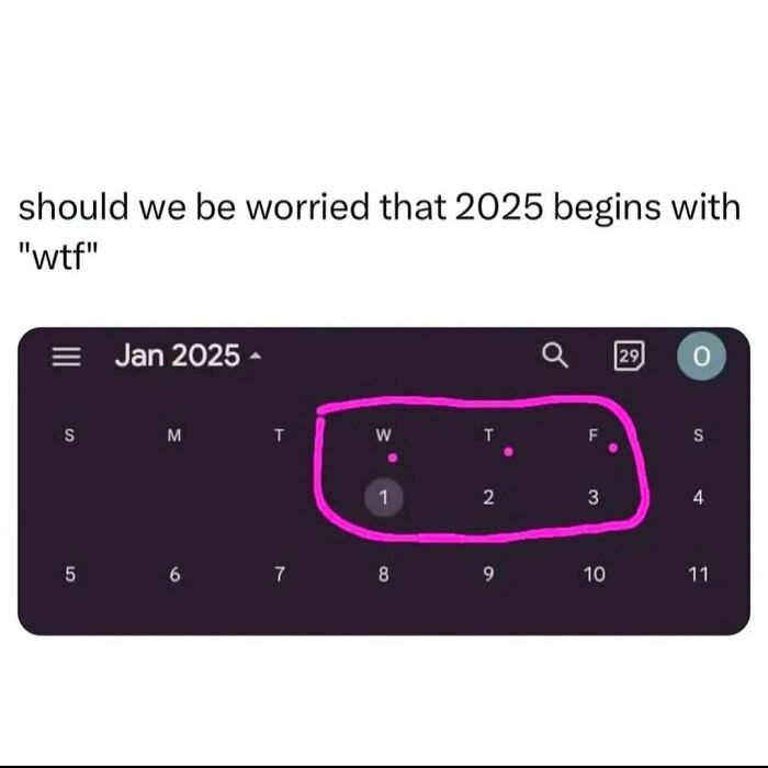 Calendar meme highlighting "W*F" for January 2025 start, with text questioning the odd start of the year.