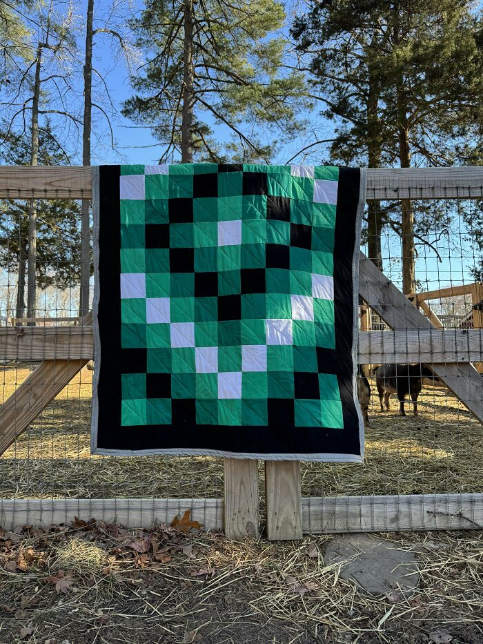 Quilt with green and black pattern hung on a wooden fence, symbolizing a stand against consumerism.