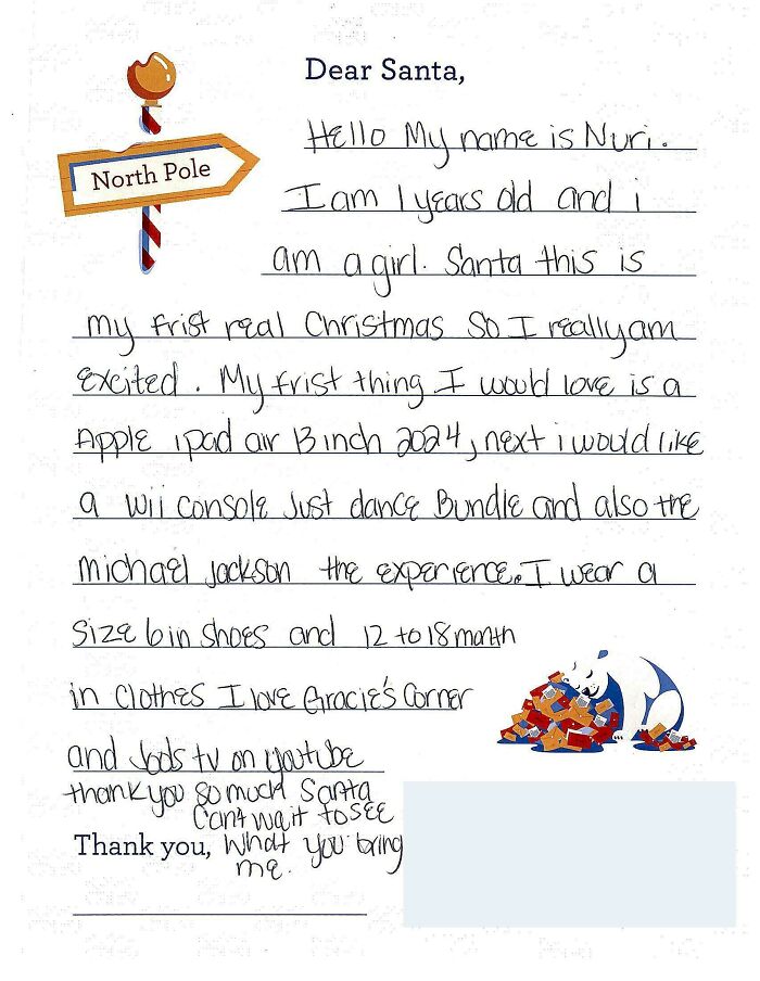 Child's handwritten letter to Santa with wishlist, including an iPad and Wii console, illustrating a case of beggars being choosers.