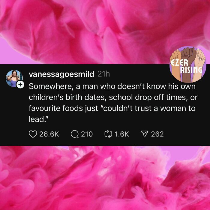 Post highlighting sexism, featuring a quote about trust and leadership against a pink background with an "Ezer Rising" emblem.