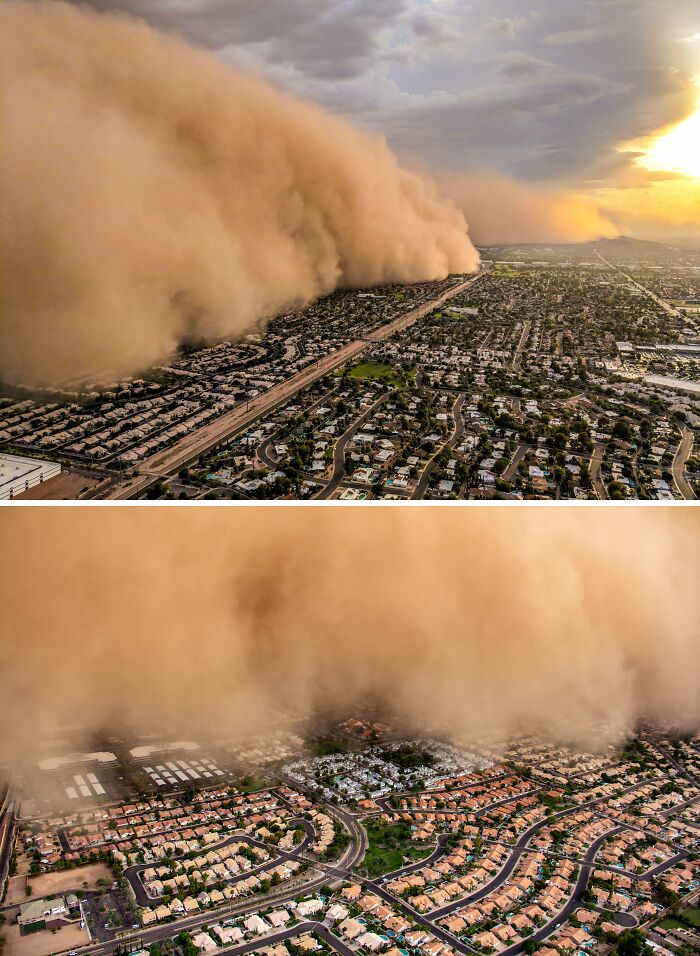 A massive dust storm engulfing a sprawling cityscape under a moody sky, showcasing terrifying nature.