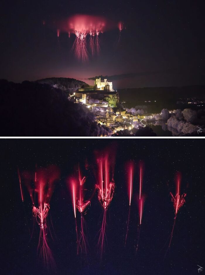 Red lightning sprites illuminating night sky over a village, showcasing the terrifying nature of electrical storms.