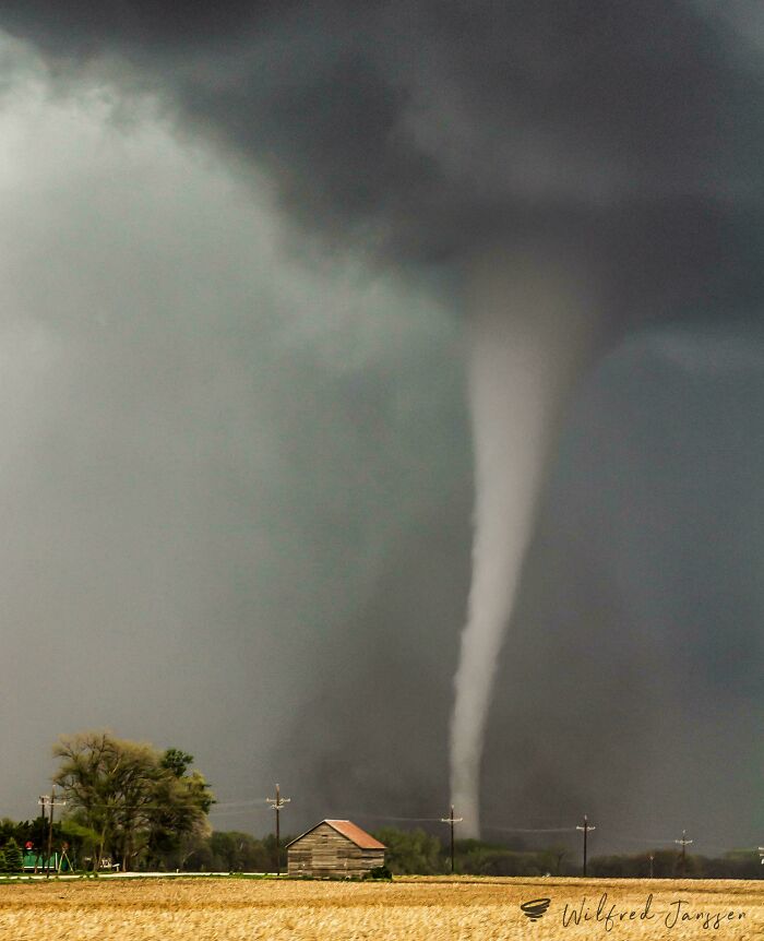 Tornado touching down near a small barn, illustrating terrifying nature in an open field under dark storm clouds.