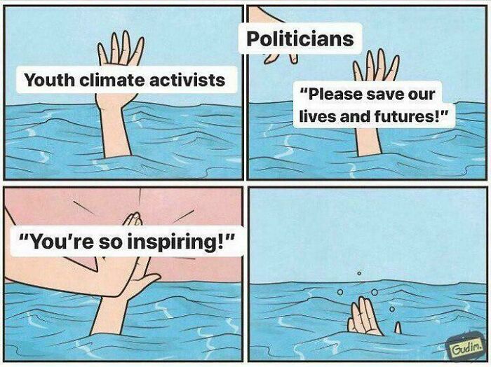 Comic of youth climate activists pleading for help, politicians offering empty praise, highlighting irony in consumerism.