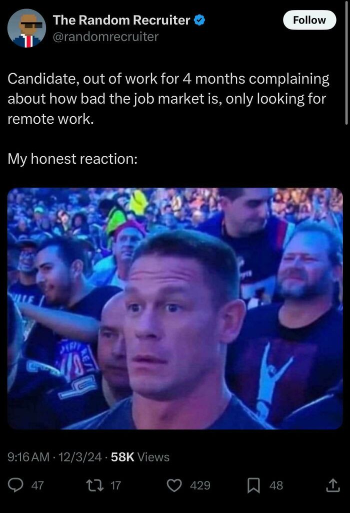 A surprised audience member reacting to a tweet about job market challenges in recruiting.