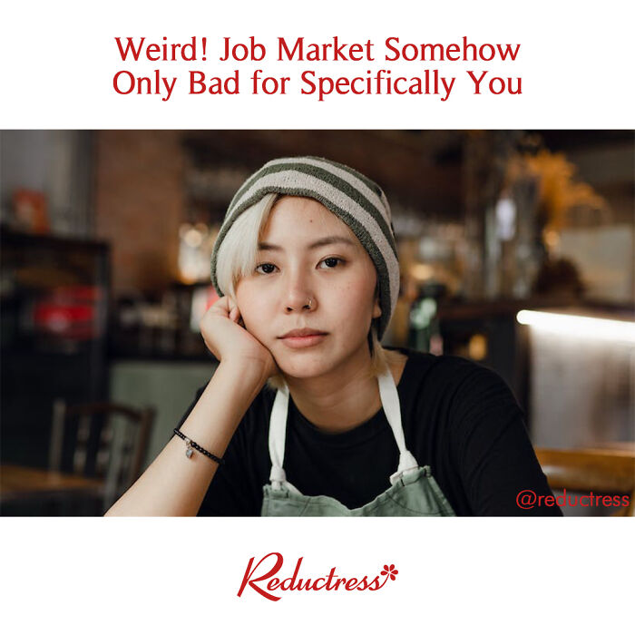 Young person in a kitchen setting under a humorous fake headline about the job market.