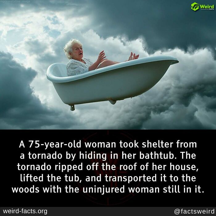 Elderly woman in bathtub flying through a stormy sky, illustrating a weird fact about tornado safety.