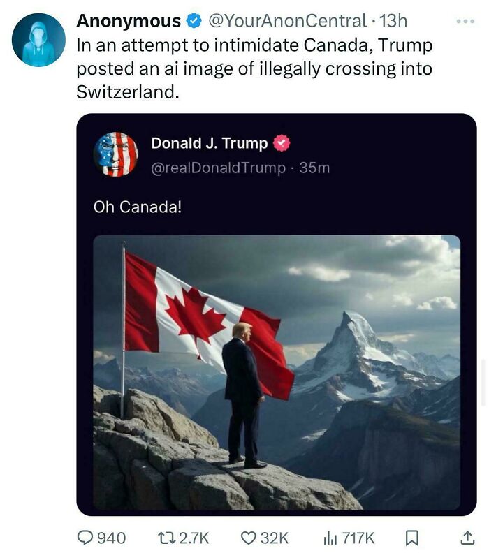 AI-generated image parody involving Trump, with a Canada flag in a mountain setting, critiqued on social media as a facepalm moment.
