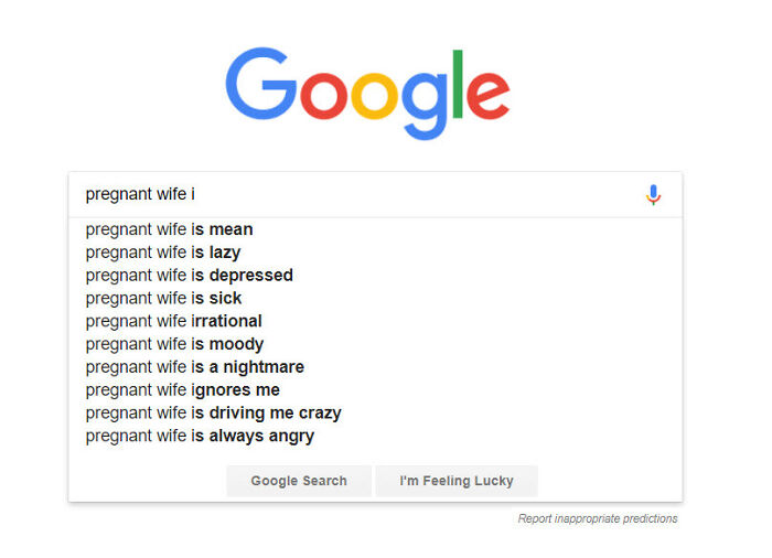 Google search suggestions for "pregnant wife" highlighting funny pregnancy situations.