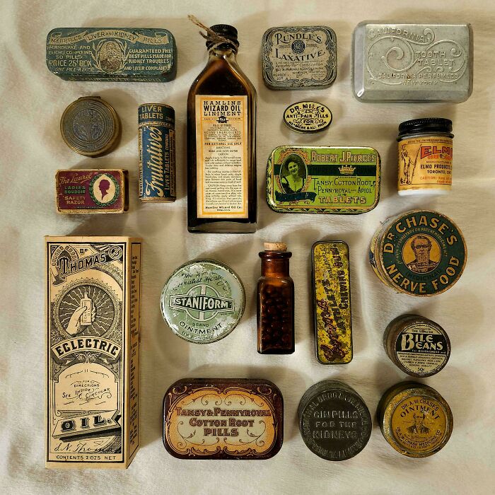 Vintage medicine tins and bottles, part of unexpected unique collections displayed on a white background.