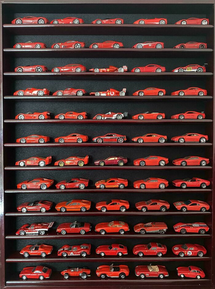 Unique collection of miniature red cars neatly displayed on shelves.