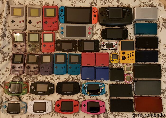 Unique collections of vintage handheld gaming consoles arranged on a patterned background.