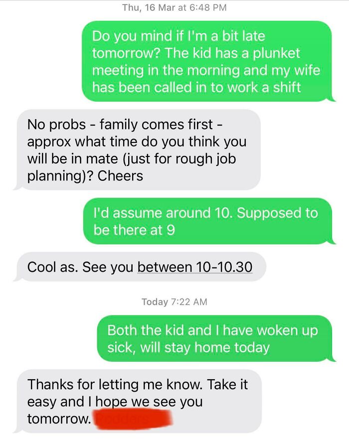 Text messages showing a humorous and understanding boss response to employee's family situation. Good-Funny-Bosses.