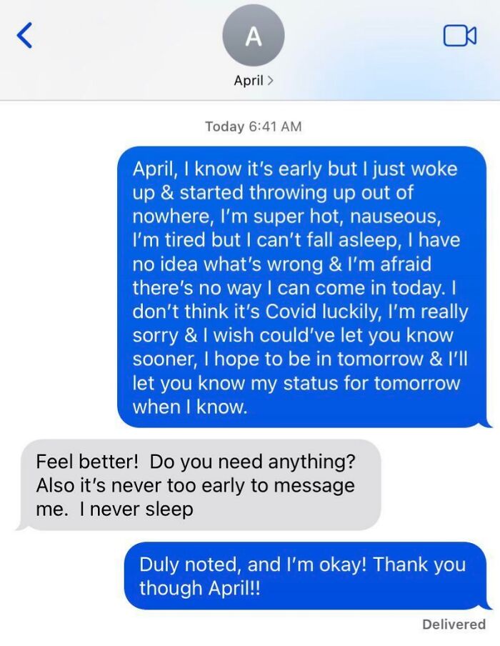 Text exchange illustrating good-funny-bosses with humorous response to an employee's sick day message.