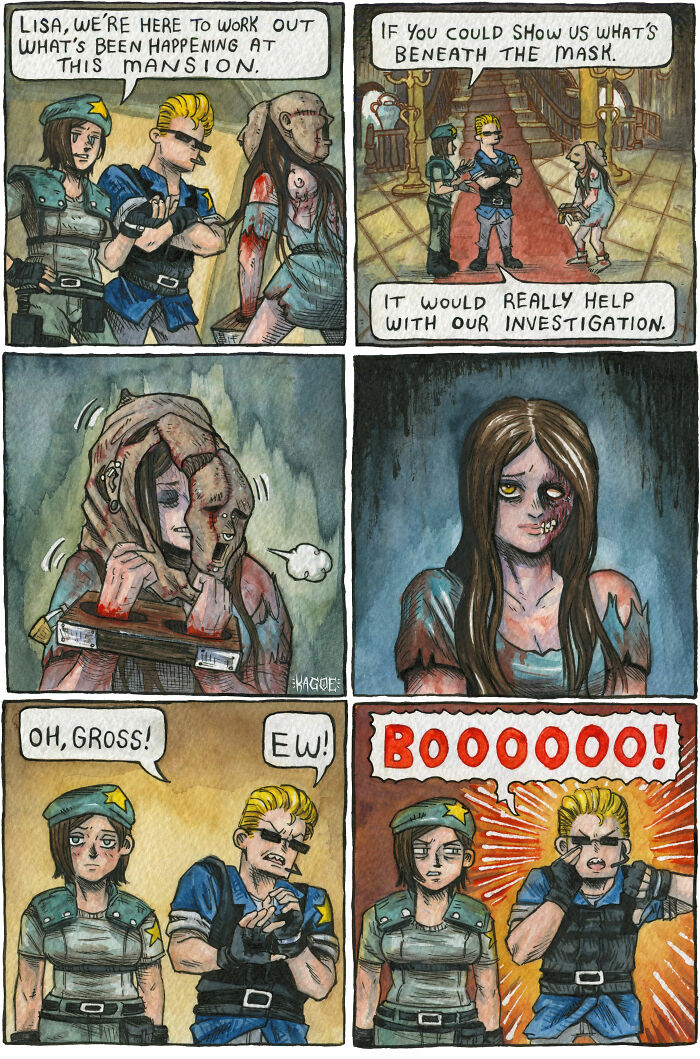 Comic inspired by Resident Evil Village featuring spooky mansion investigation scene.