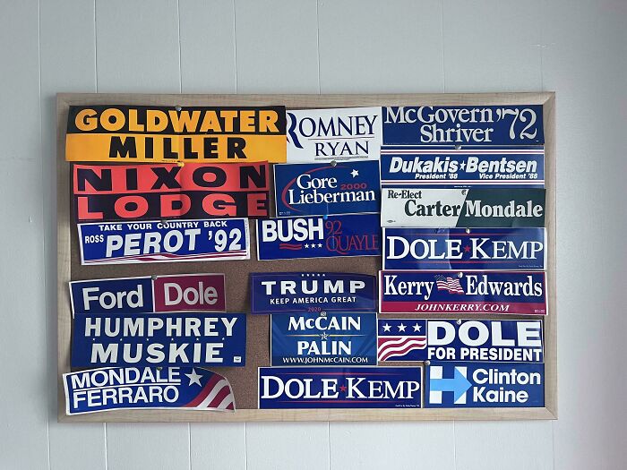 Framed display of unexpected unique collections of vintage political bumper stickers.