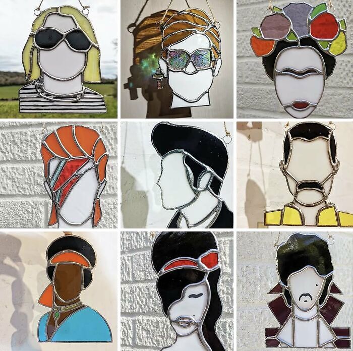 Stained glass art pieces of iconic figures showcasing unexpected unique collections.