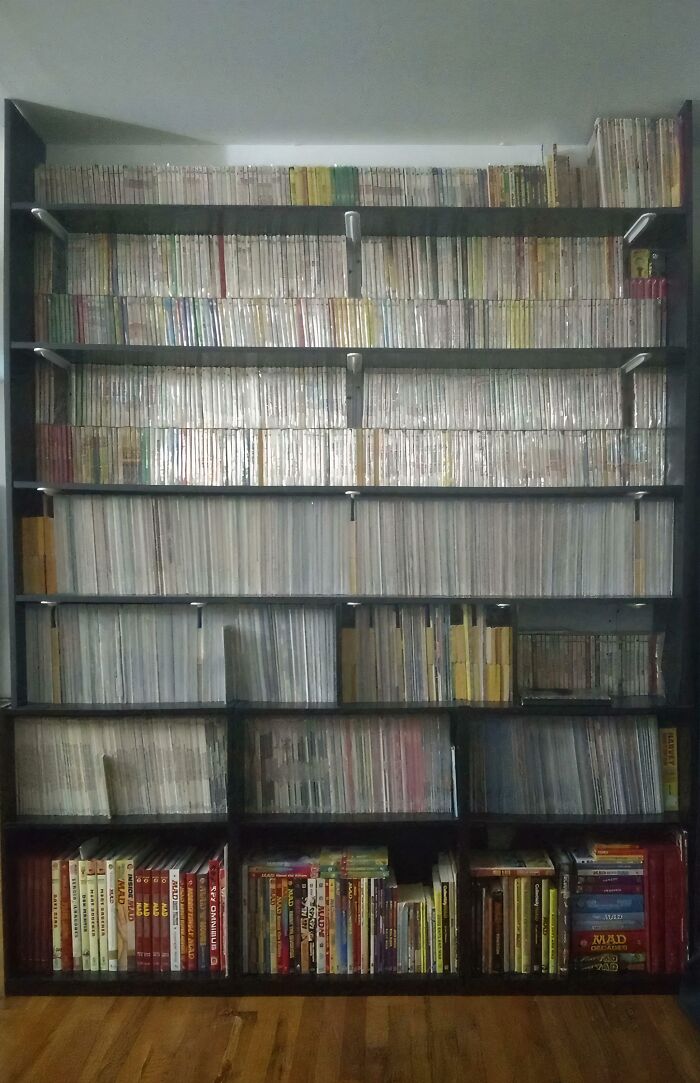 Bookshelf filled with comics and magazines, showcasing a unique collection.