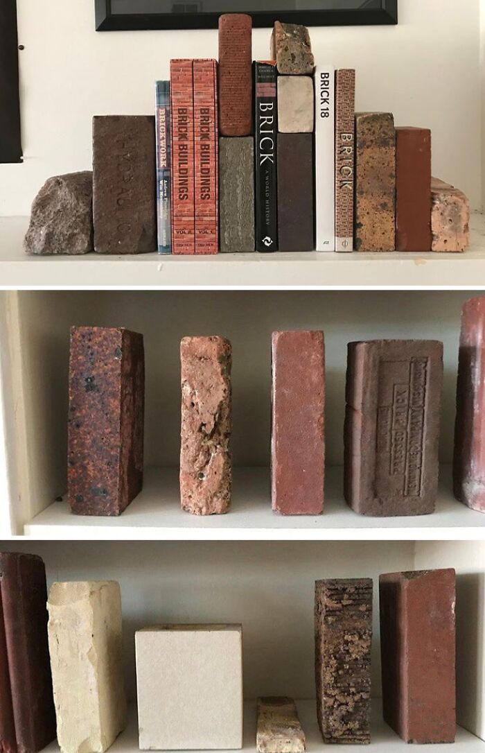 Unique collections of bricks displayed like books on shelves.
