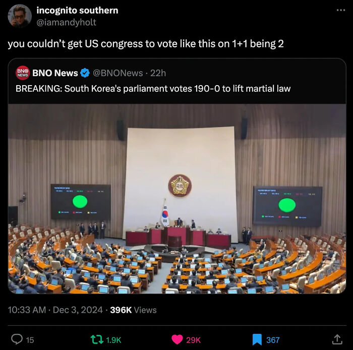 Tweet about South Korean parliament voting 190-0, highlighted as a facepalm moment.