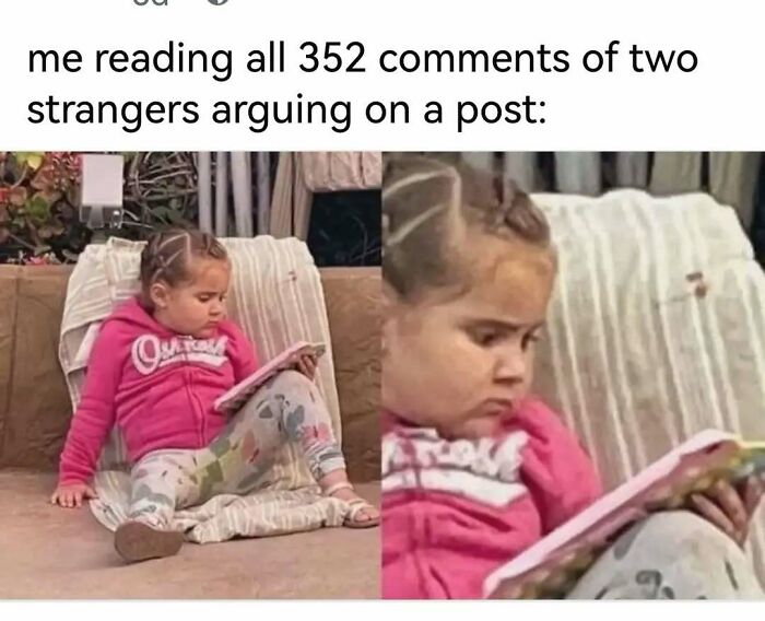 Young girl in a pink hoodie intensely reading, illustrating relatable memes about desperately needing a laugh today.