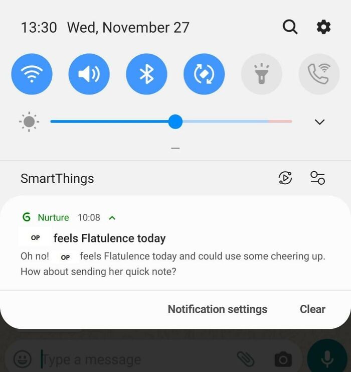 Phone notification humorously addresses funny pregnancy situations with a note about flatulence.