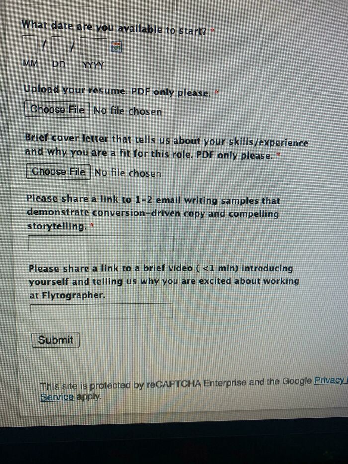 Job application form requesting resume, cover letter, and video introduction