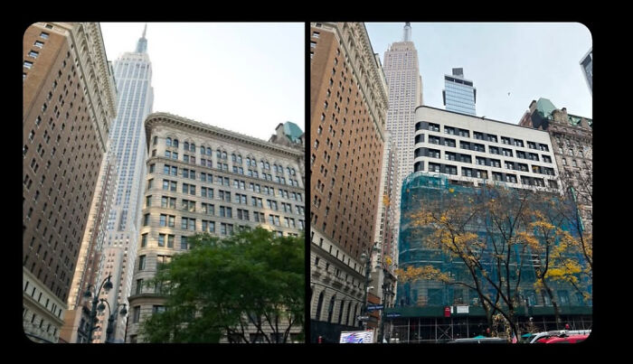 Urban hellscape: two views of high-rise buildings with trees and scaffolding, illustrating urban density and decay.