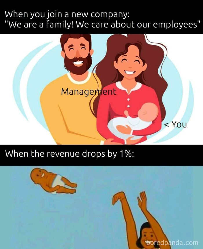 Management depicted as family throws a child, representing employees, in a humorous take on workplace dynamics.