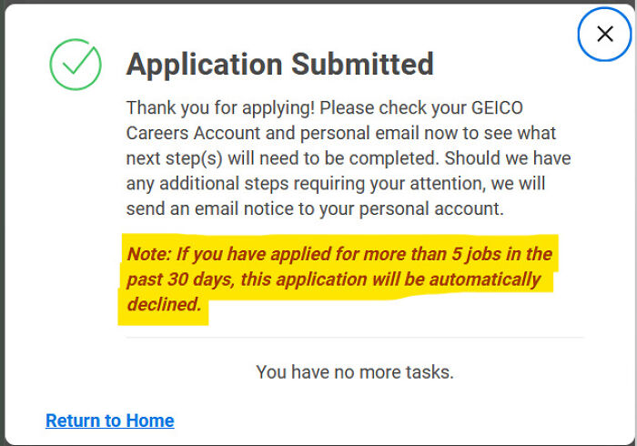 Application submission warning from Geico about limit on job applications, highlighting a note on automatic declines for over five jobs.