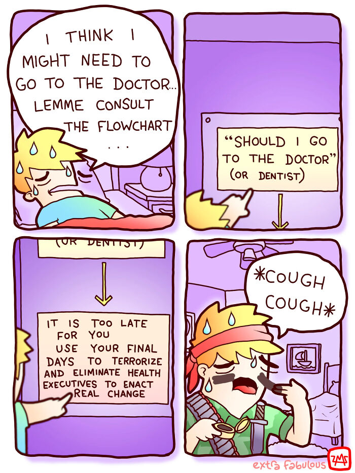 Cartoon character following a humorous flowchart on whether to visit a doctor, indicating an unexpected prediction outcome.