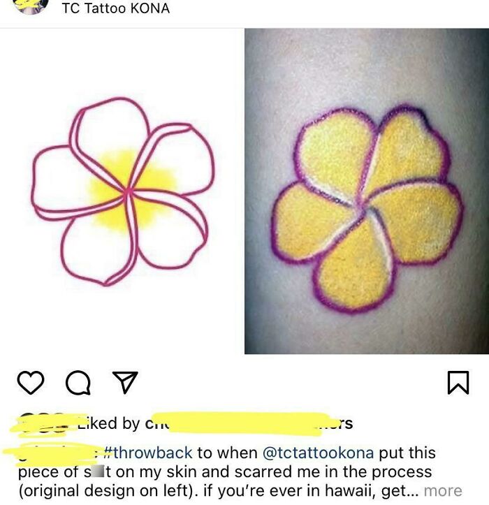 Floral tattoo fail with original design on the left and poorly executed tattoo on the right.