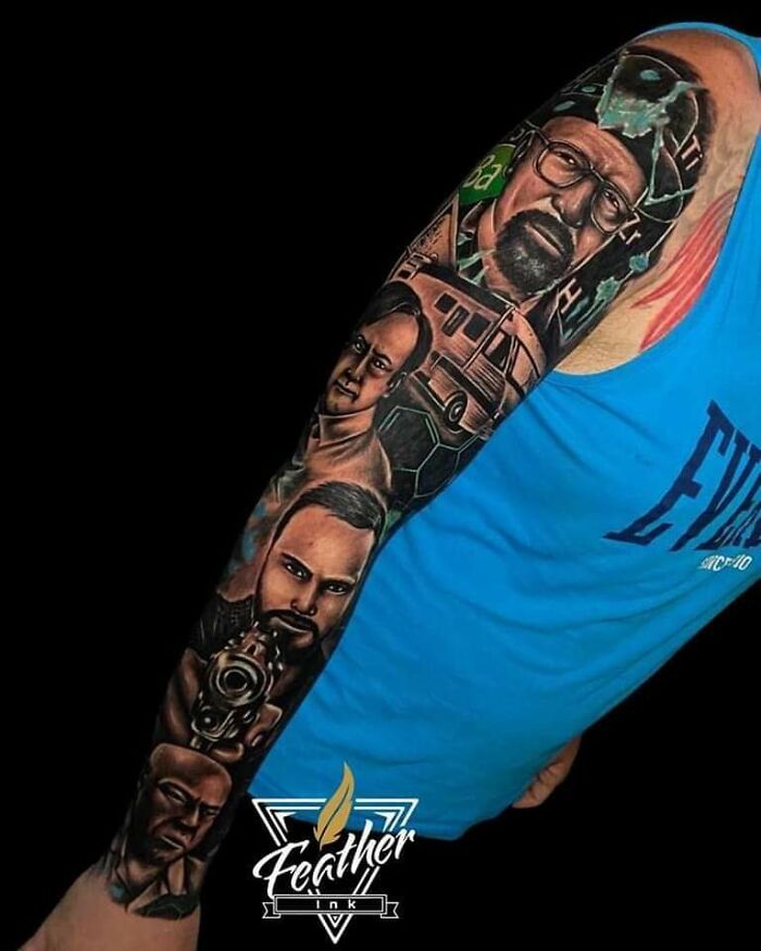 Sleeve tattoo featuring detailed but awkward portraits, exemplifying funny worst tattoo fails on a person’s arm.
