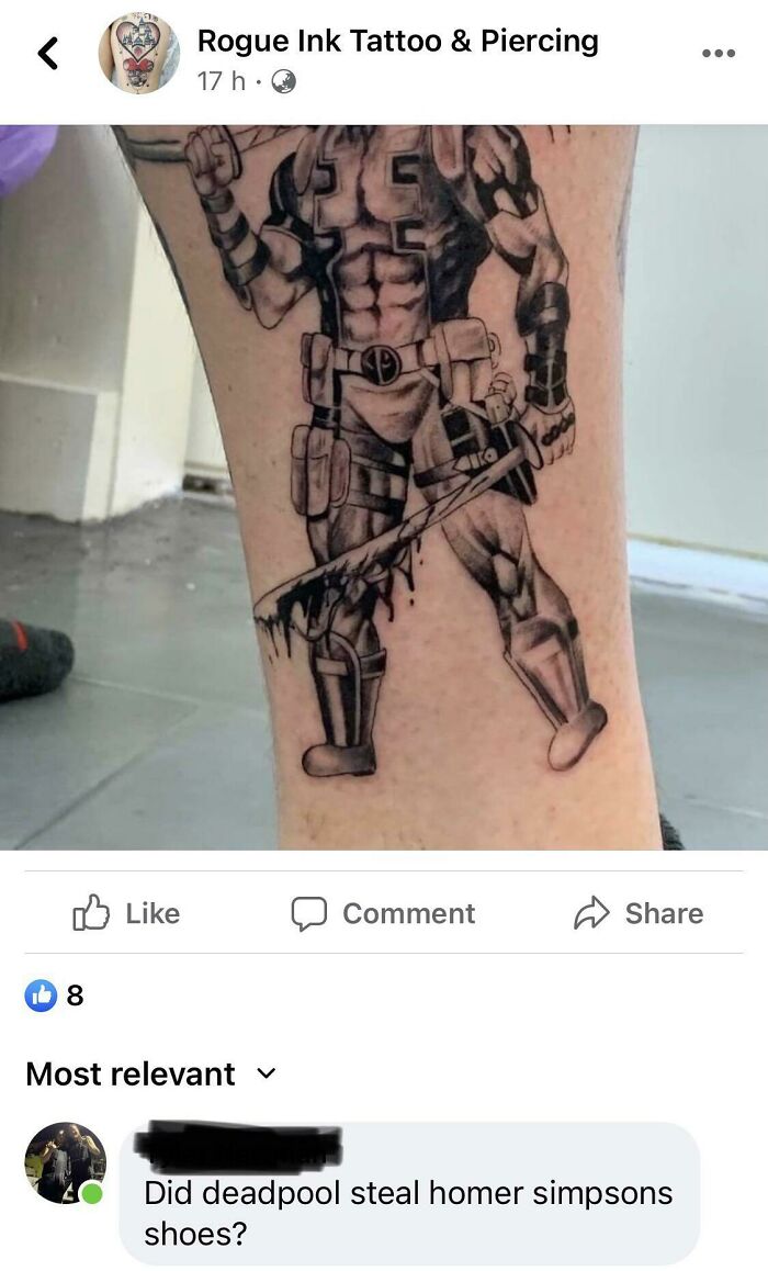 Funny worst tattoo fail featuring a superhero with mismatched shoes.