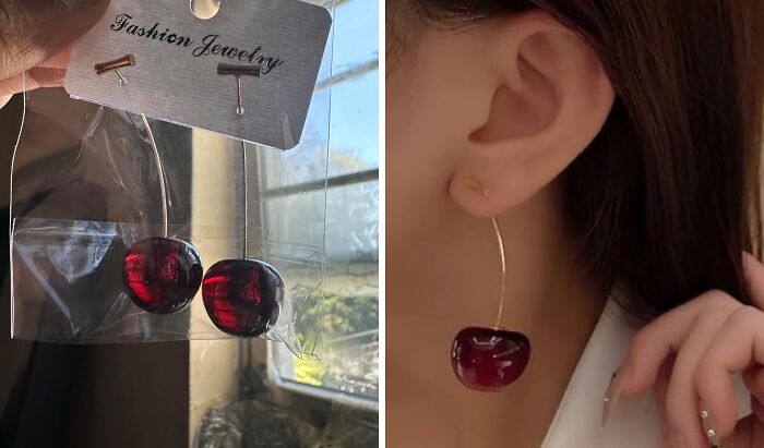 Cherry-shaped earrings displayed in packaging and worn on an ear, ideal as unique gifts for women for Christmas.