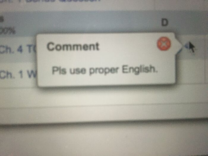 Grading comment on a blurry screen: "Please use proper English," related to horrifying US school experiences.