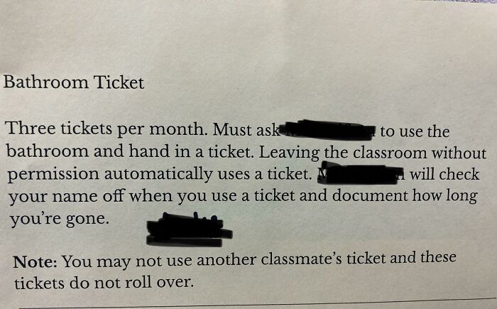 Bathroom ticket policy limits usages, illustrating horrifying US school experiences regarding restroom access.