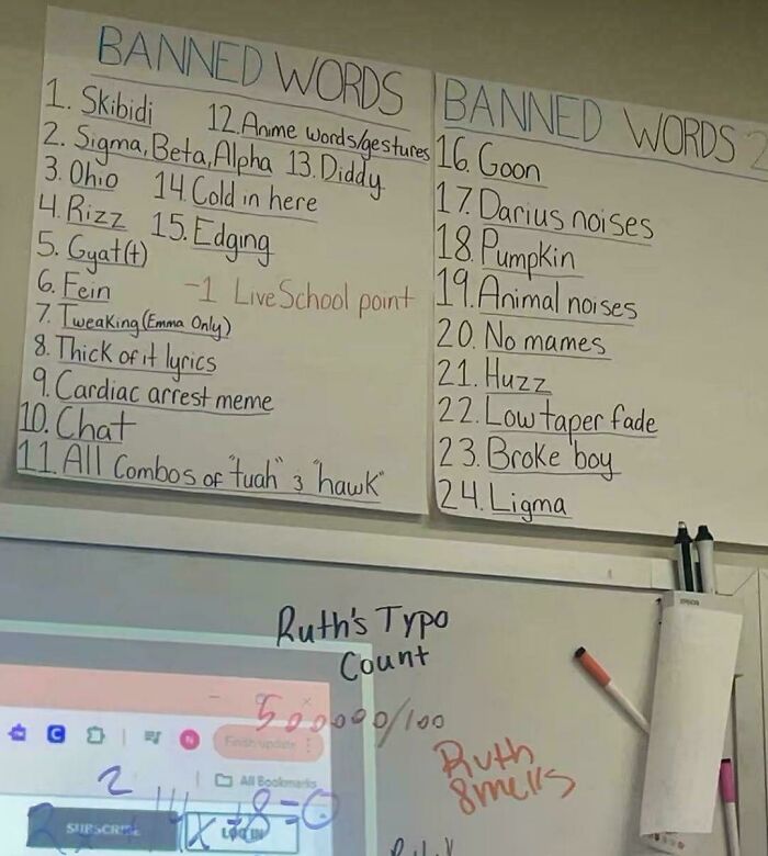 List of banned words in a school classroom, highlighting horrifying school experiences.