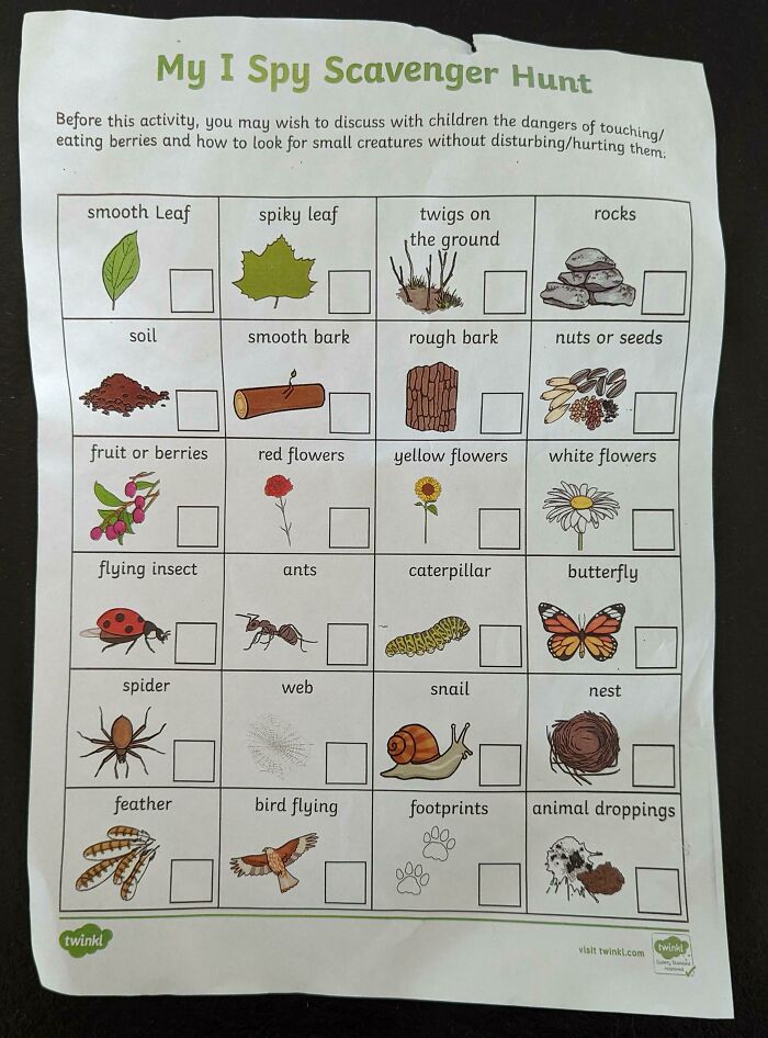 Classroom scavenger hunt worksheet depicting items like leaves, insects, and animal tracks in a school activity.