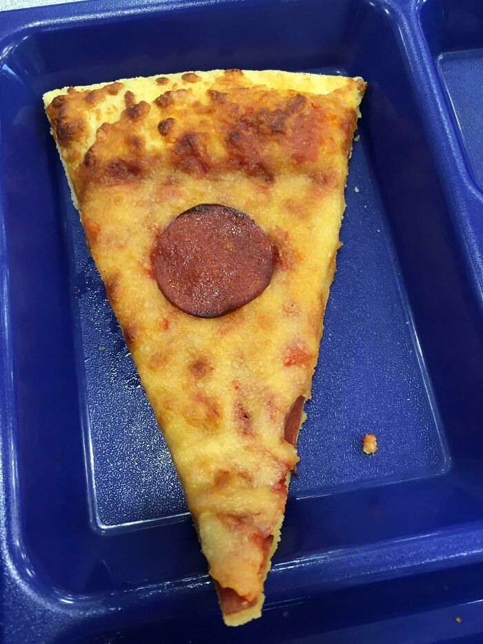 School lunch tray with a slice of cheese pizza and one pepperoni piece, representing horrifying experiences.