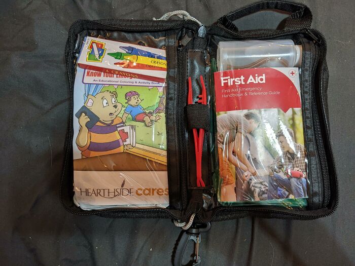 Coloring book and crayons alongside a first aid kit in a bag, symbolizing disappointing presents.
