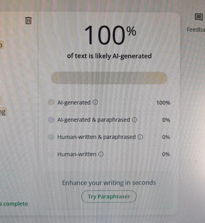 AI-generated text screen showing 100%, highlighting concerns in school experiences.