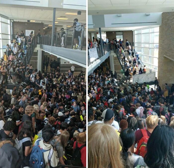 Crowded school hallway packed with students during a chaotic moment, depicting a horrifying US school experience.