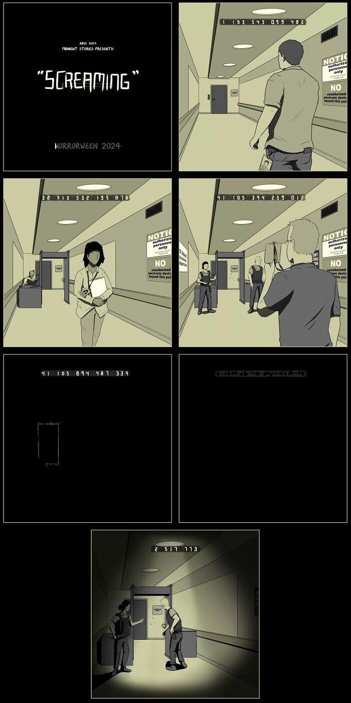 Darkly funny comic scene set in a dimly lit hallway with eerie elements, from Aidee Sea's collection.