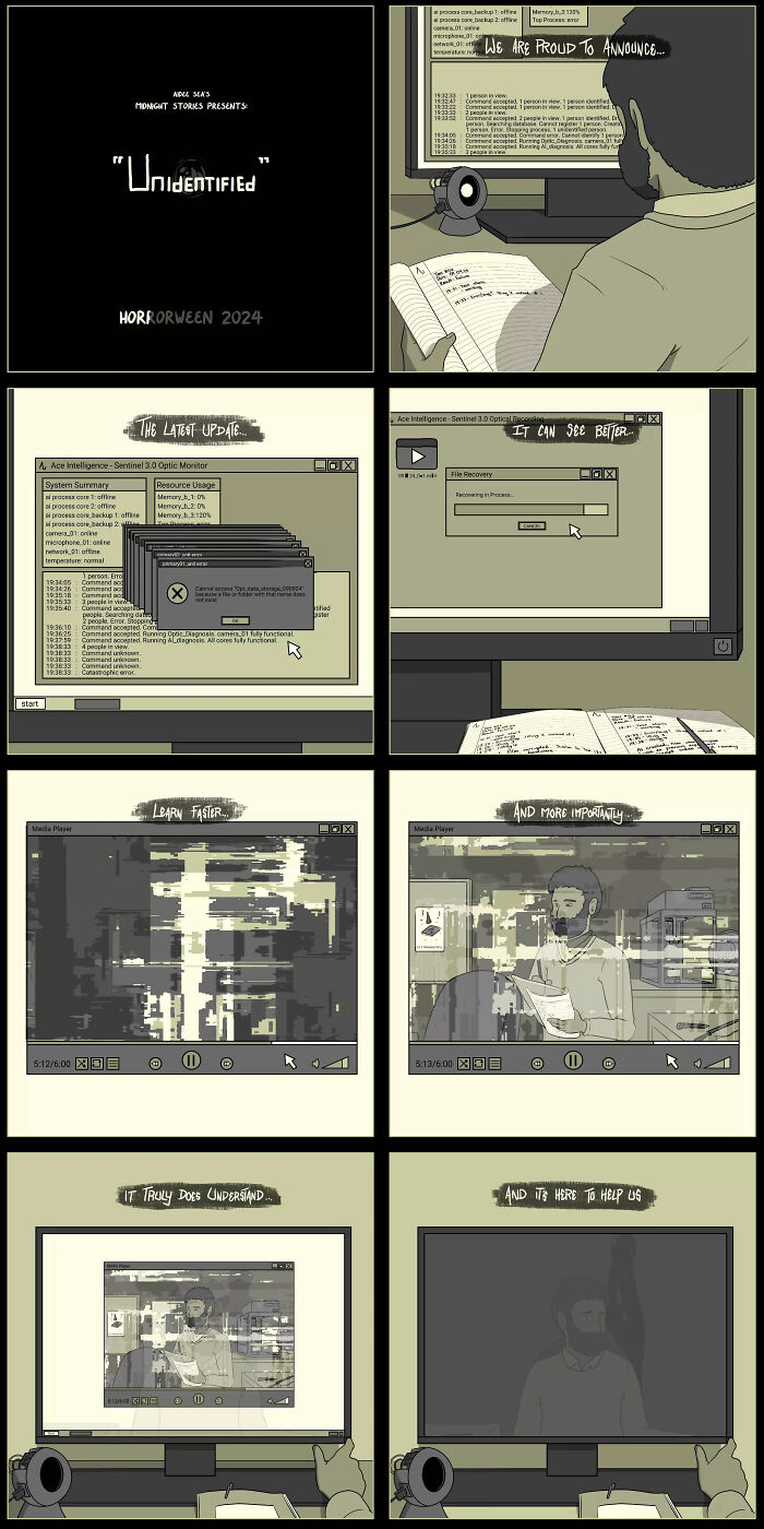 Darkly funny comic by Aidee Sea, featuring a man interacting with a mysterious computer program.